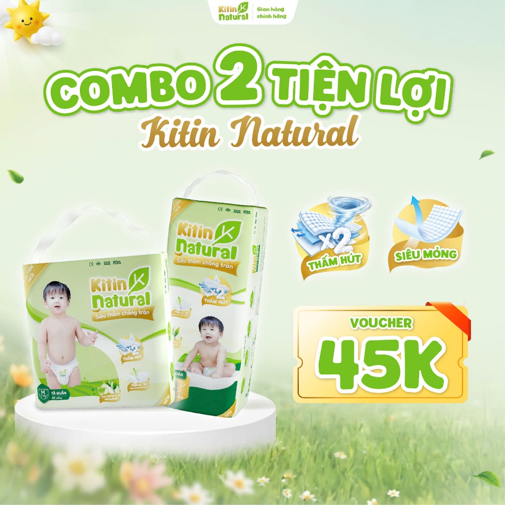 [Không Quà] Combo 2 bịch tã/bỉm Kitin Natural tinh chất trà xanh đủ sz cho bé size NB/S/M/L/XL/XXL/XXXL