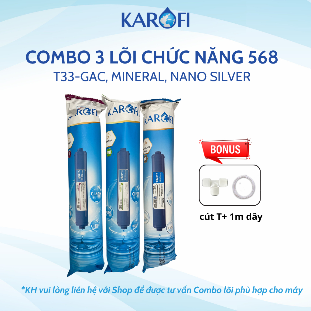 Combo 3 Lõi Chức Năng 568 Karofi Gồm T33-GAC, Mineral, Nano Silver Plus Dùng Cho Máy Lọc Nước RO