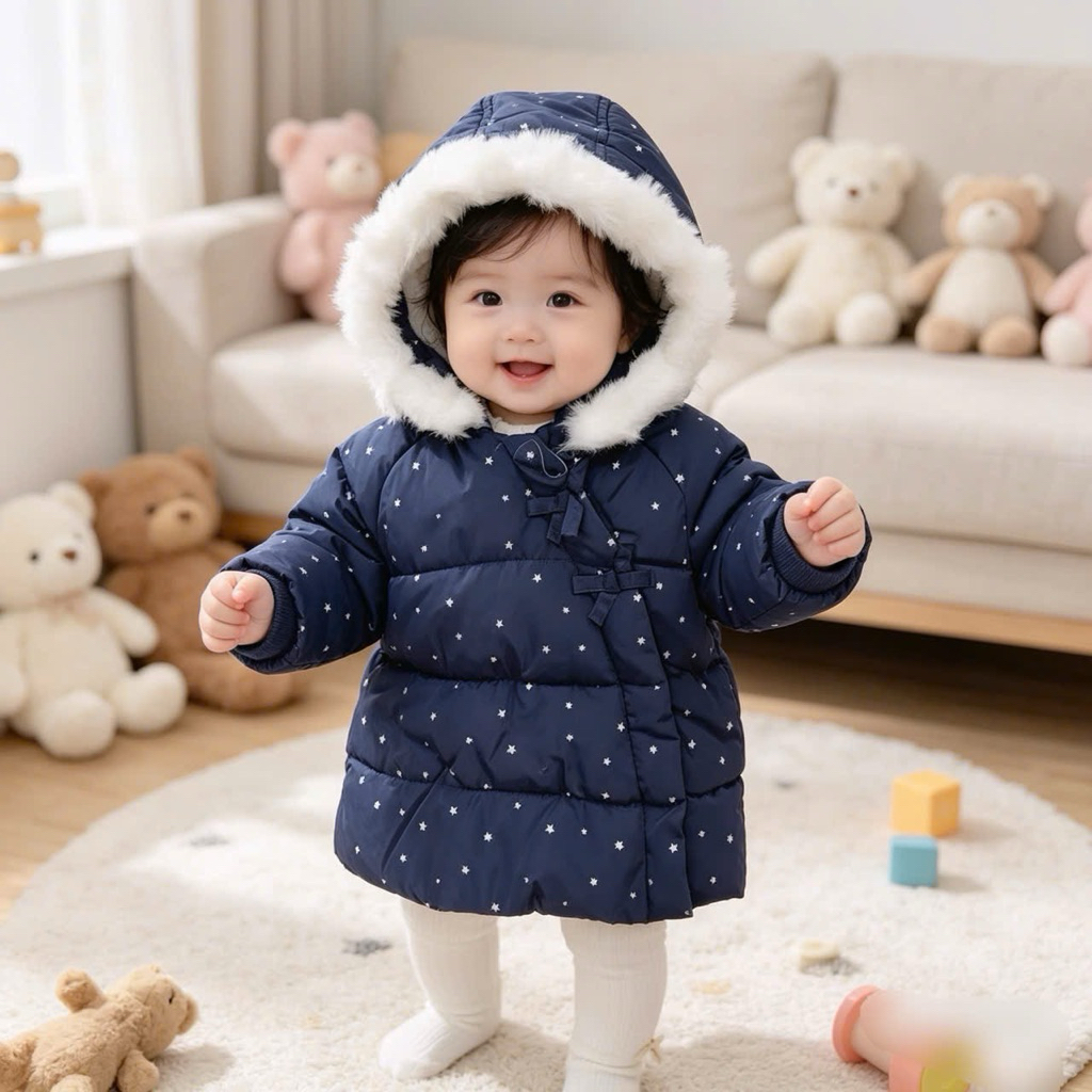 Áo Phao Lông Cừu Bé Gái Sơ Sinh C6782 Họa Tiết Chấm Bi Xuất Dư Giữ Ấm Mùa Đông Size 68 (6 Tháng, 4-6kg)