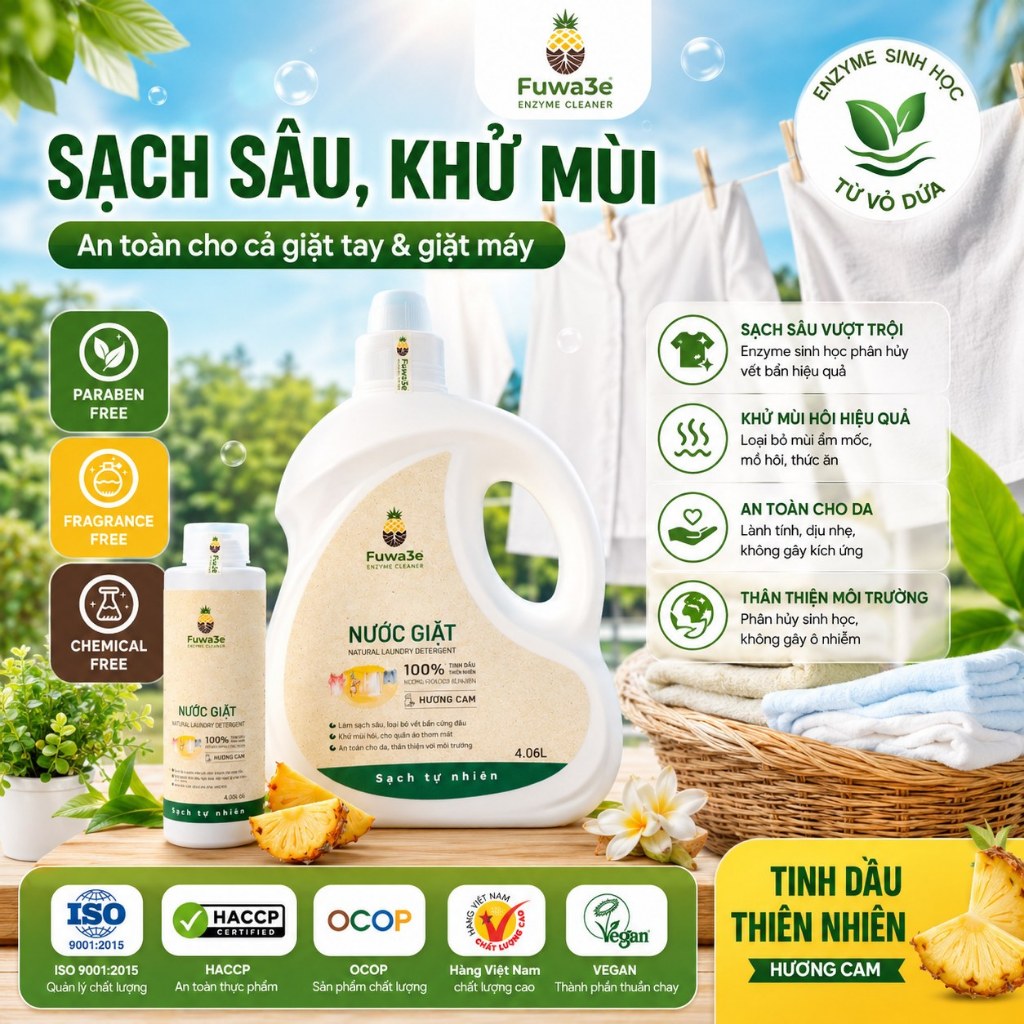 Nước giặt sinh học Fuwa3e Enzyme hương cam an toàn cho bé dịu lành cho da dung tích 3,5L