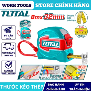 Thước kéo thép nền vàng TOTAL, dây thép cao cấp đo chính xác, dùng cho gia đình – công trình DNTT