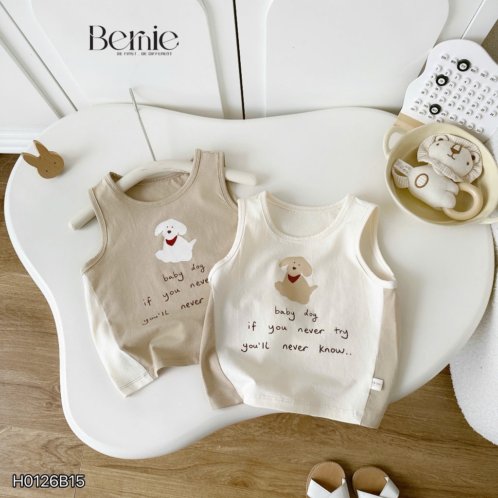 Bộ ba lỗ cún nhỏ tinh nghịch unisex cho bé, bộ cotton ba lỗ mềm mát dễ thương