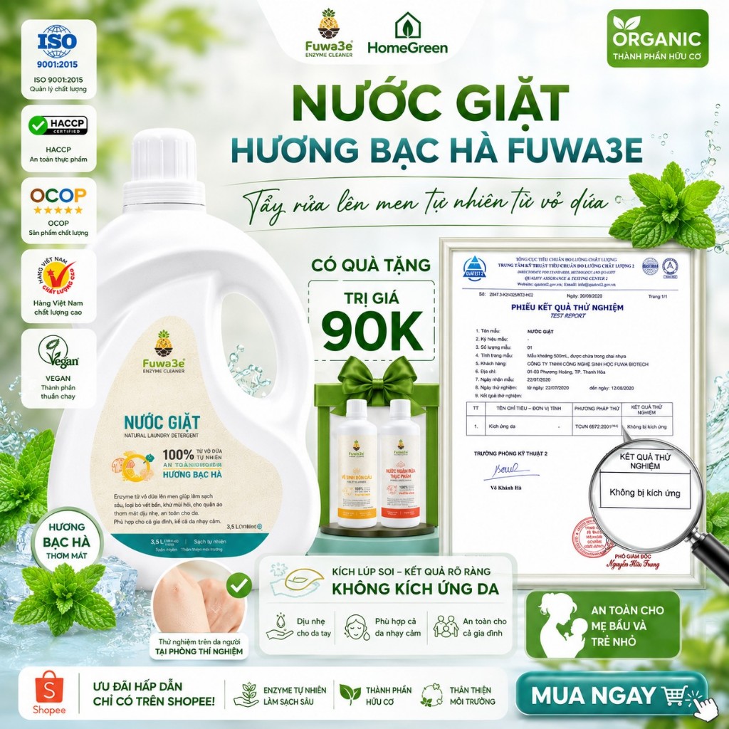 Nước giặt Fuwa3e enzyme sinh học an toàn cho da nhạy cảm, không hóa chất độc hại dung tích 3.5L