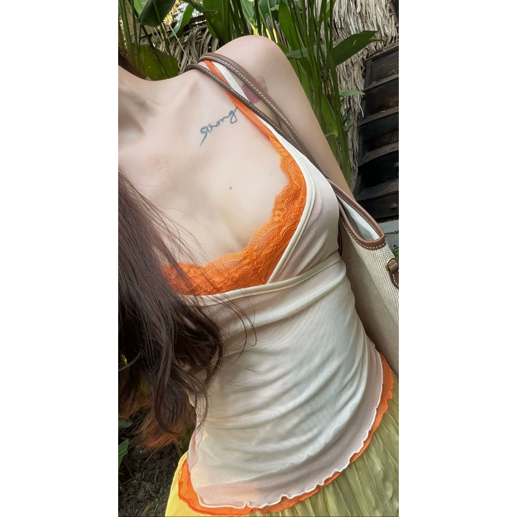 Áo 2 dây phối ren thun giấy chéo ngực