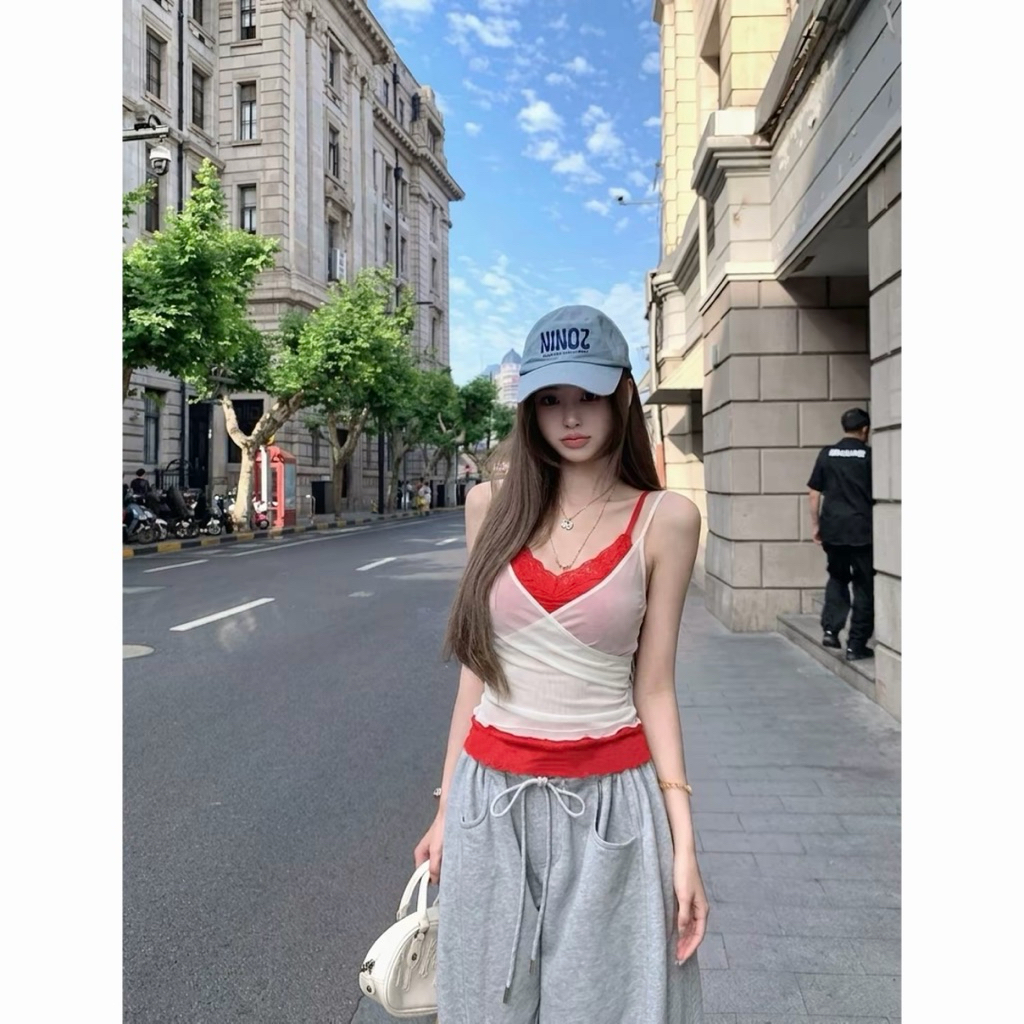 Áo 2 dây phối ren thun giấy chéo ngực