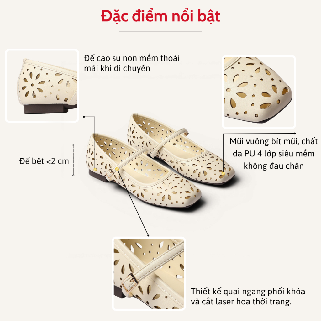 [HÀNG ĐẶT TRƯỚC] Giày Búp Bê Cao Gót Nữ Quai Ngang Cắt Laser Hoa Thời Trang Pixie