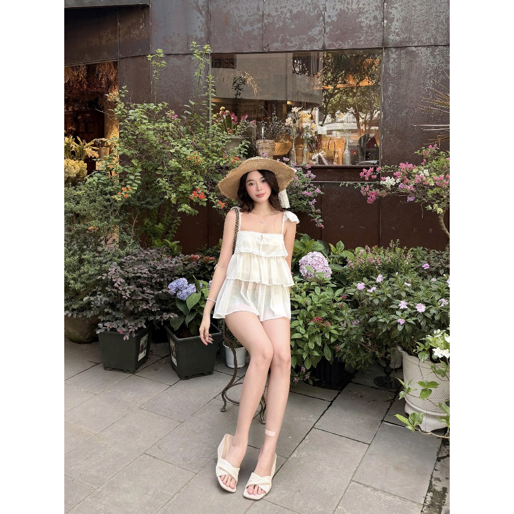 TENDRE - Áo Hai Dây Nữ Voan Tầng Babydoll Màu Kem – Nàng Thơ, Dễ Phối, Che Dáng Xinh V16