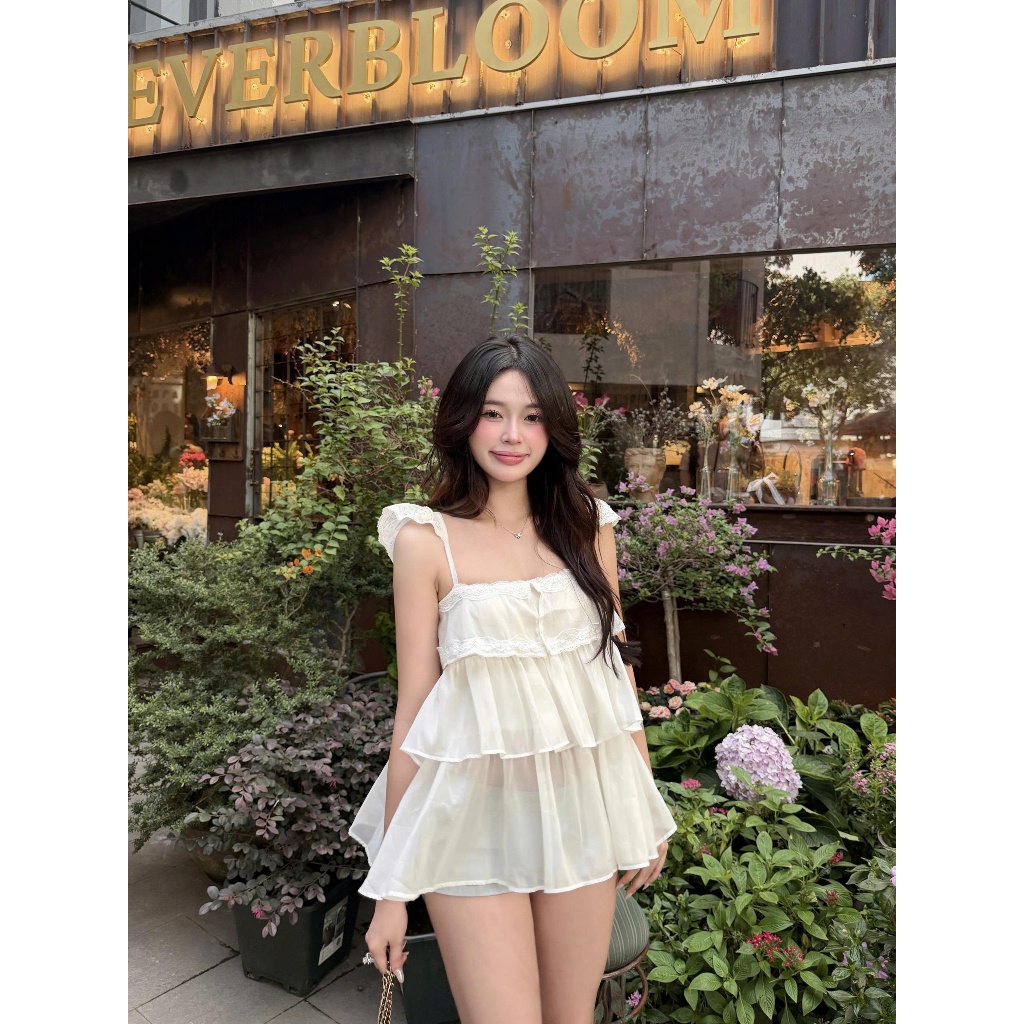 TENDRE - Áo Hai Dây Nữ Voan Tầng Babydoll Màu Kem – Nàng Thơ, Dễ Phối, Che Dáng Xinh V16