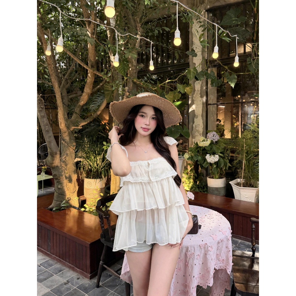 TENDRE - Áo Hai Dây Nữ Voan Tầng Babydoll Màu Kem – Nàng Thơ, Dễ Phối, Che Dáng Xinh V16