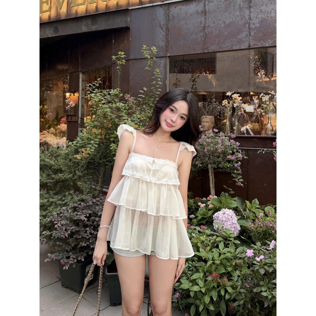 TENDRE - Áo Hai Dây Nữ Voan Tầng Babydoll Màu Kem – Nàng Thơ, Dễ Phối, Che Dáng Xinh V16