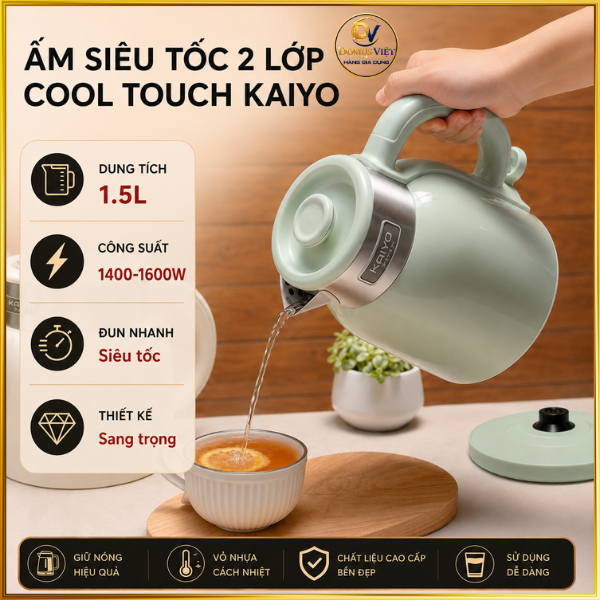 Ấm siêu tốc 2 lớp Cool touch Kaiyo 1.5L ,Nhựa PP cách nhiệt an toàn khi sử dụng. Hàng chính hãng