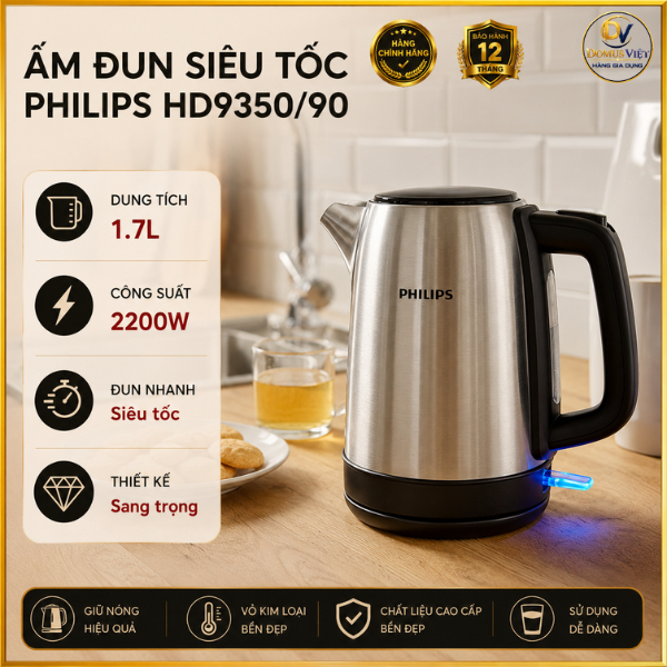 Ấm Đun Siêu Tốc Philips HD9350/90, Công Suất 2200w - 1.7L, Hàng Chính Hãng