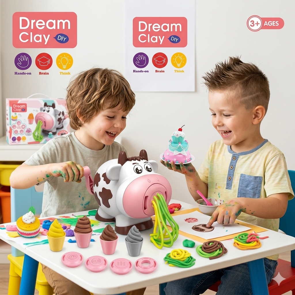 Bộ Đồ Chơi Đất Nặn Cho Bé Máy Làm Mì Làm Kem Hình Chú Bò Kèm Khuôn Phụ Kiện Đồ Chơi DIY