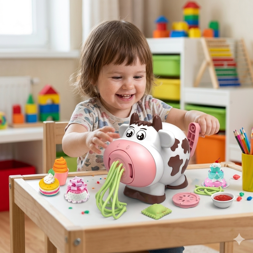Bộ Đồ Chơi Đất Nặn Cho Bé Máy Làm Mì Làm Kem Hình Chú Bò Kèm Khuôn Phụ Kiện Đồ Chơi DIY