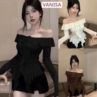Áo dài tay trễ vai nữ phối bèo nhún sexy thun gân co giãn trắng đen nâu VANISA CT338
