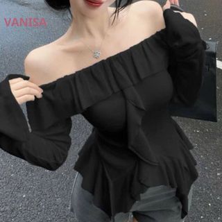 Áo dài tay nữ trễ vai phối bèo nhún ôm body sexy thun gân xinh nâu trắng đen VANISA CT338
