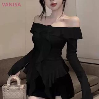 Áo dài tay trễ vai nữ phối bèo nhún sexy thun gân co giãn trắng đen nâu VANISA CT338