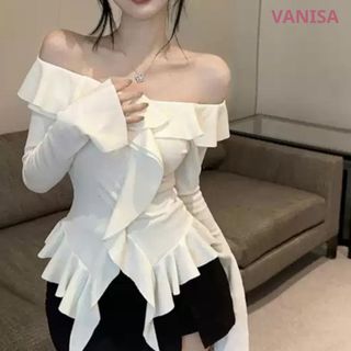 Áo dài tay nữ trễ vai phối bèo nhún ôm body sexy thun gân xinh nâu trắng đen VANISA CT338