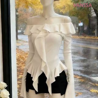 Áo dài tay trễ vai nữ phối bèo nhún sexy thun gân co giãn trắng đen nâu VANISA CT338