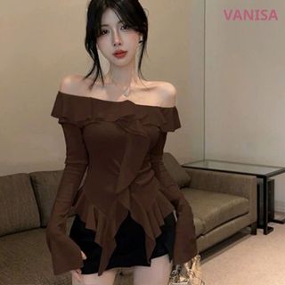 Áo dài tay nữ trễ vai phối bèo nhún ôm body sexy thun gân xinh nâu trắng đen VANISA CT338