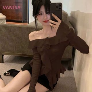 Áo dài tay trễ vai nữ phối bèo nhún sexy thun gân co giãn trắng đen nâu VANISA CT338