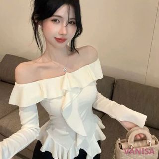 Áo dài tay trễ vai nữ phối bèo nhún sexy thun gân co giãn trắng đen nâu VANISA CT338