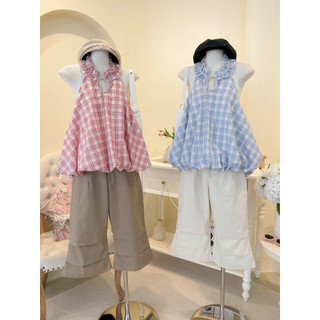SEP House - Set áo yếm caro sát nách dáng bí bồng cổ viền bèo phối quần lửng kaki ống loe trendy vibe mùa hè - loại 1