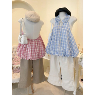 SEP House - Set áo yếm caro sát nách dáng bí bồng cổ viền bèo phối quần lửng kaki ống loe trendy vibe mùa hè - loại 1