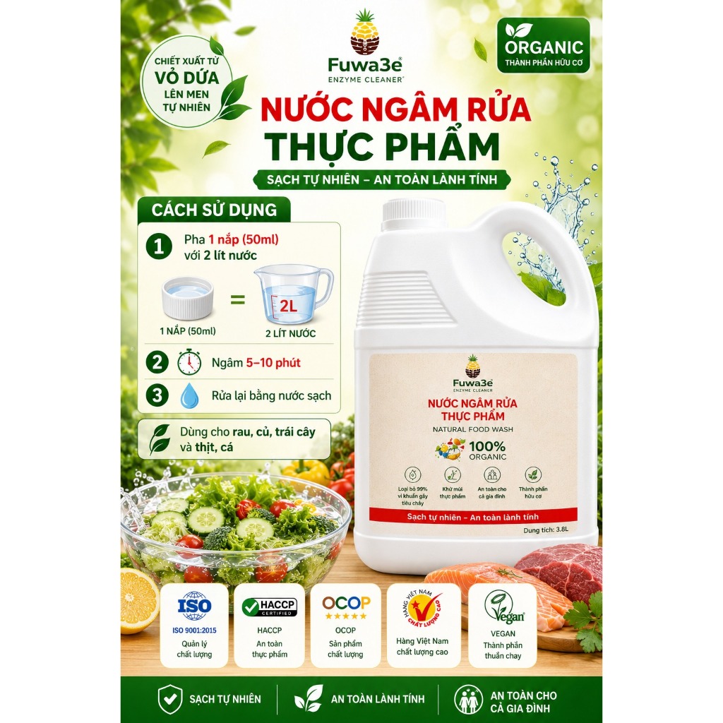Nước Ngâm Rau Củ Quả Fuwa3e 3.8L Sinh Học Enzyme Lên Men Tự Nhiên Từ Vỏ Dứa An Toàn Cho Cả Gia Đình