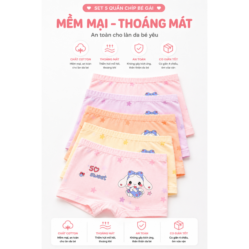 COMBO 2 - COMBO 5 Quần Chip Bé Gái cotton kháng khuẩn mềm mát, thoáng mát co giãn