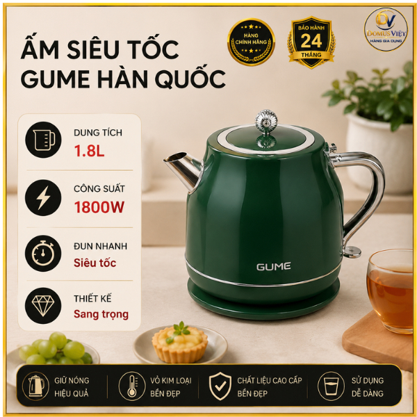 Ấm Siêu Tốc Gume Chính Hãng Hàn Quốc Công Suất 1800W Dung Tích 1,8L - Hàng Chính Hãng BH 24 tháng