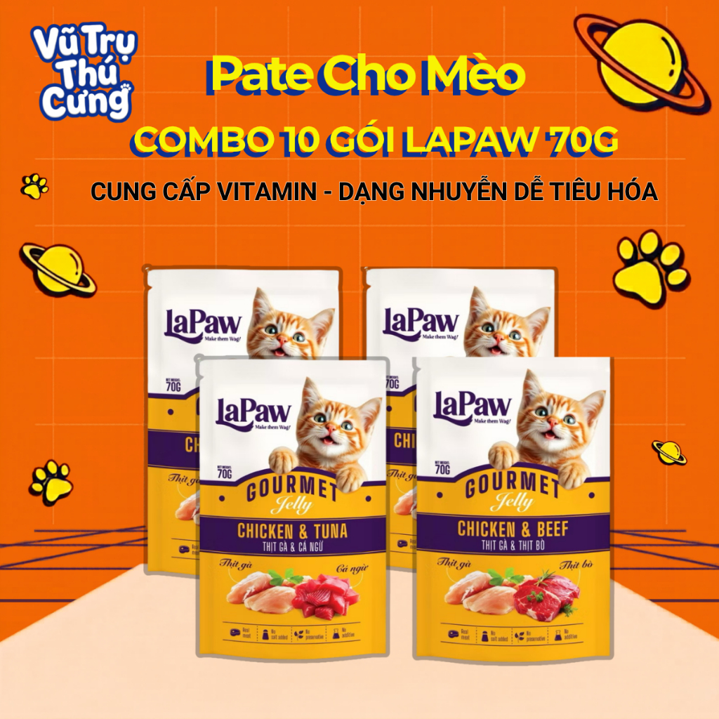 Combo 10 Gói Pate Cho Mèo Từ Thịt Gà Lapaw Gói 70g