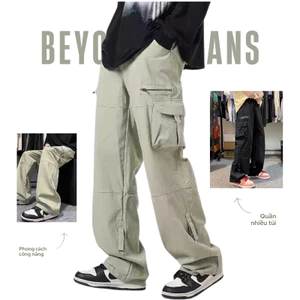 Quần kaki công năng ống rộng thẳng unisex phong cách Nhật Bản nhiều túi màu đen xanh nhạt