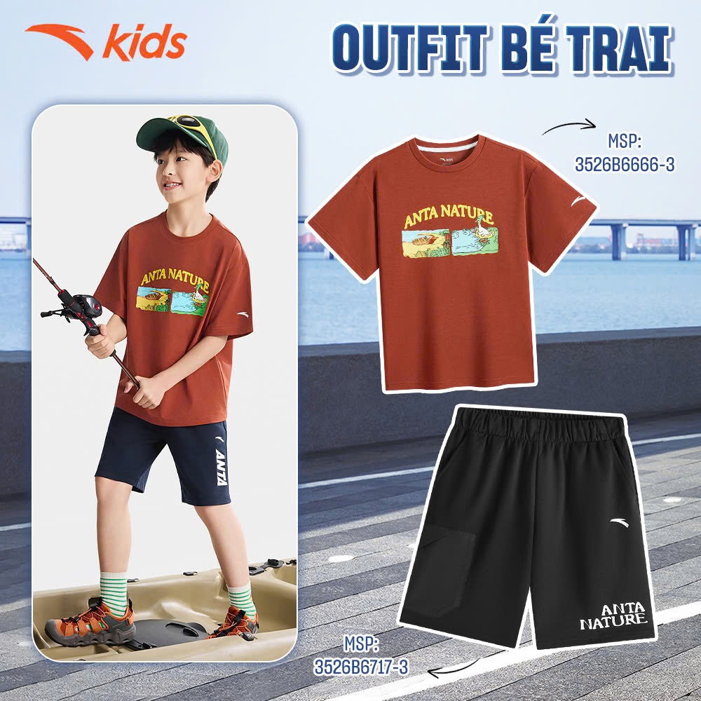 Anta Kids Áo Phông + Quần Short Lửng Bé Trai Thể Thao Năng Động Thoáng Khí Nhanh Khô  3526B6666
