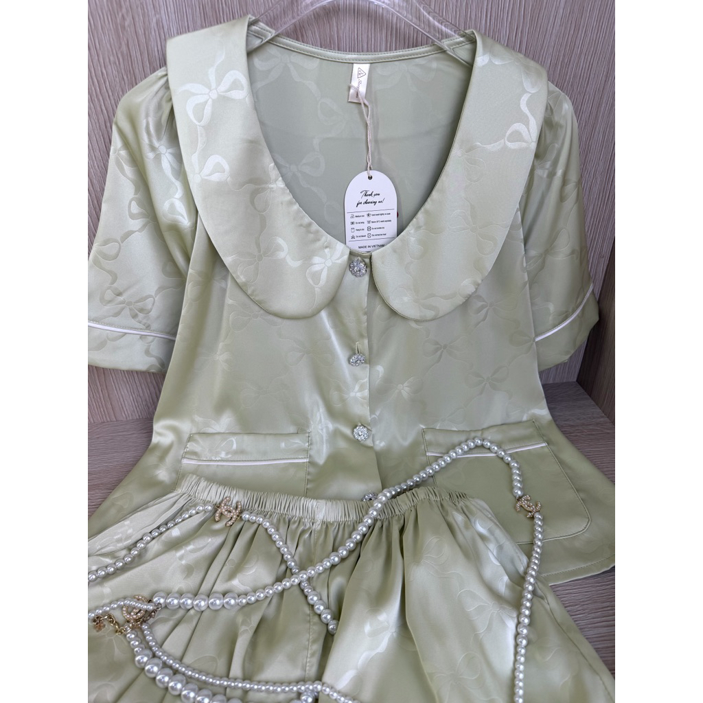 Bộ đùi (40-60kg) - pijama mặc nhà cho nữ cổ sen túi áo lụa mịn in ẩn mềm mát QC sang