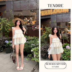 TENDRE - Áo Hai Dây Nữ Voan Tầng Babydoll Màu Kem – Nàng Thơ, Dễ Phối, Che Dáng Xinh V16