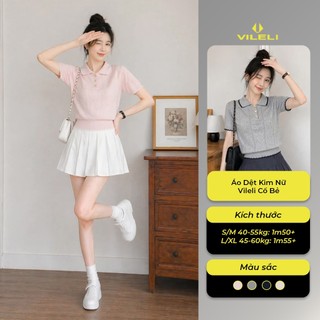 Áo Dệt Kim Nữ Vileli Cổ Bẻ Phối Viền Tay Ngắn Thanh Lịch Nhẹ Nhàng Dễ Phối Đồ VL2605