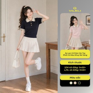 Áo Len Cổ Polo Cộc Tay Phối Cổ Màu Khuy Nơ Vàng Vileli Basic Tinh Tế Thanh Lịch Nữ Tính VL2604