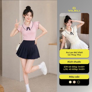 Áo Len Nữ Vileli Cổ Thủy Thủ Phối Nơ Tay Ngắn Dệt Kim Mềm Mịn Trẻ Trung Thanh Lịch VL2608
