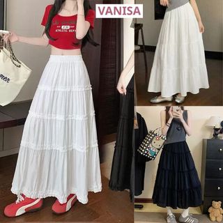 Váy dài xoè lưng chun bánh bèo xinh chất voan mềm đen trắng VANISA CV037