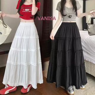 Chân váy xoè midi dáng dài lưng chun nữ xinh voan mềm đen trắng VANISA CV037