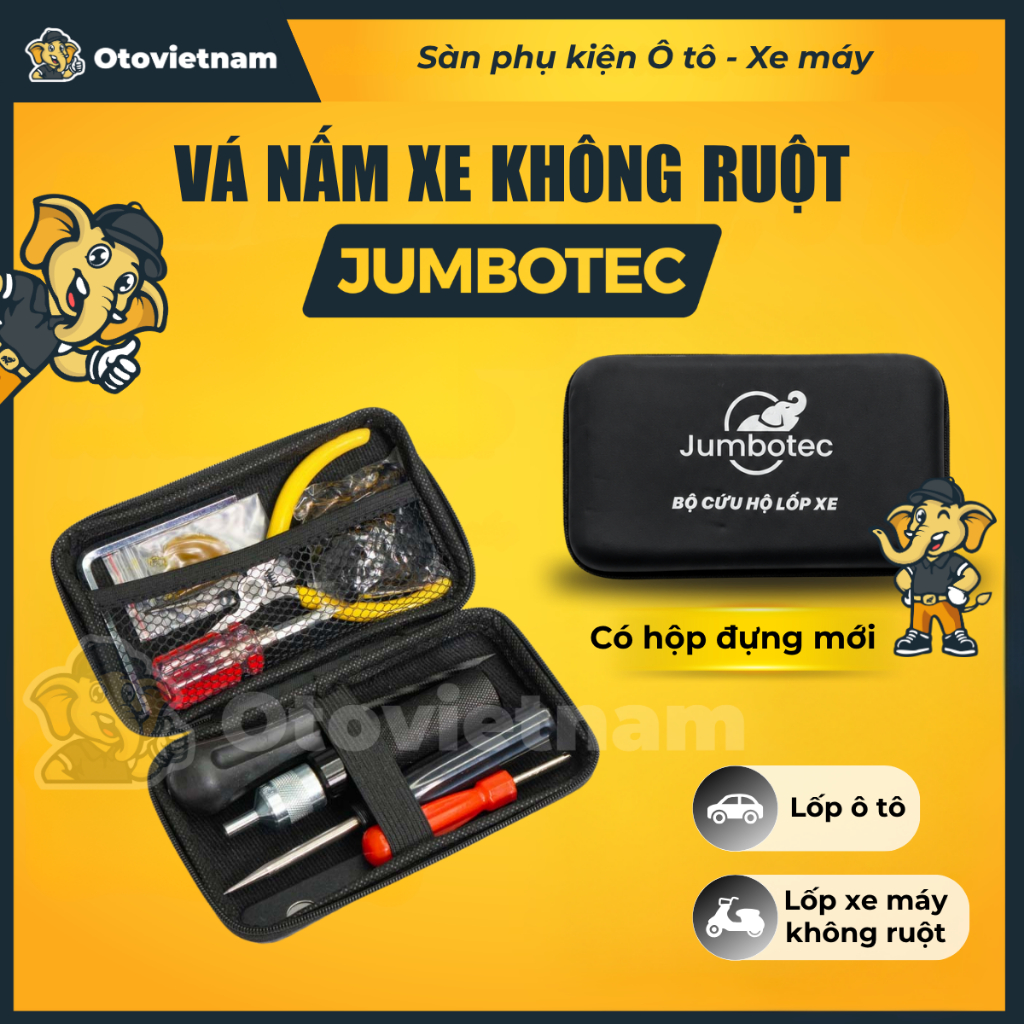 Vá Nấm Xe Không Ruột Jumbotec - 10 Món Kèm Túi Da - Vá Lốp Ô Tô, Xe Máy (Không Cần Vá Trong Lại)