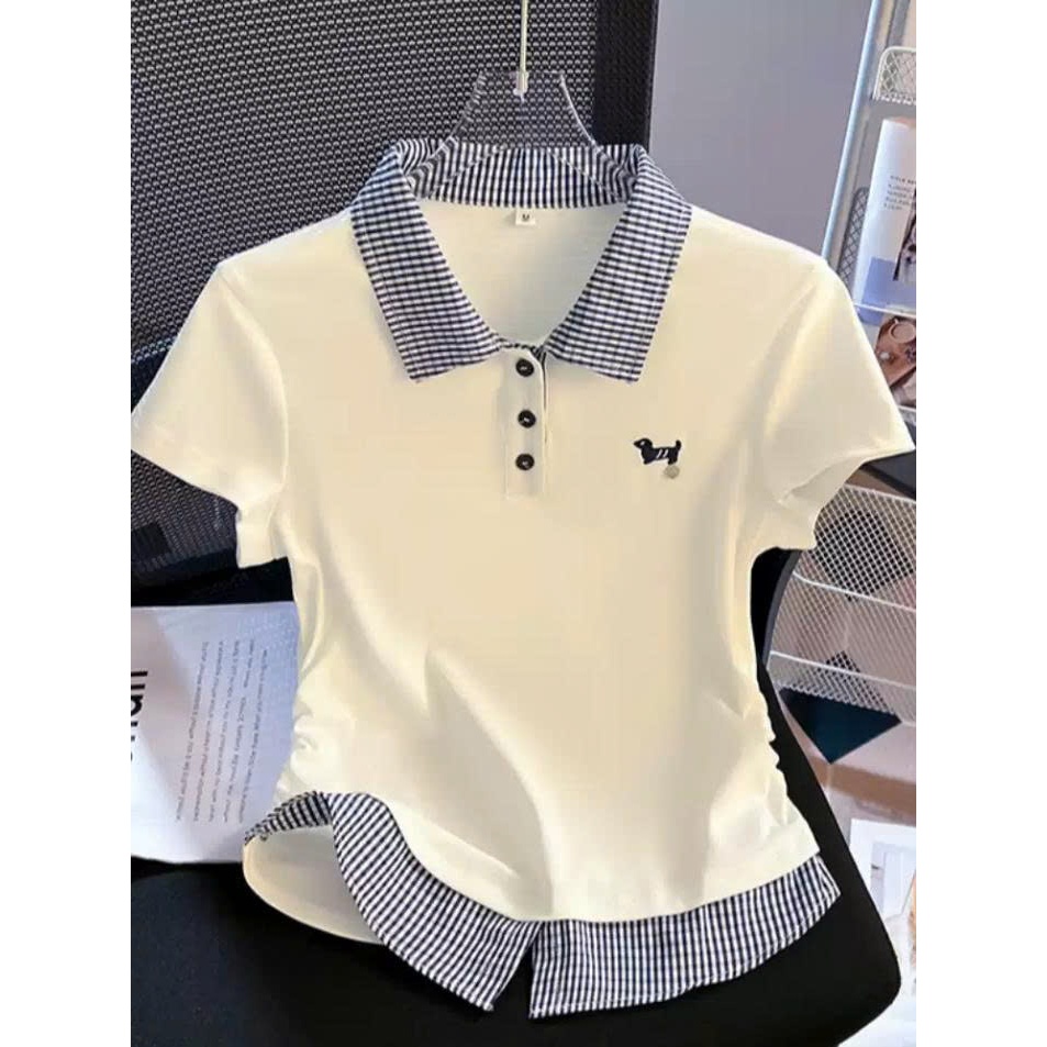Áo Thun Polo Nữ Tay Ngắn Phối Cổ Caro Trẻ Trung Hot Trend