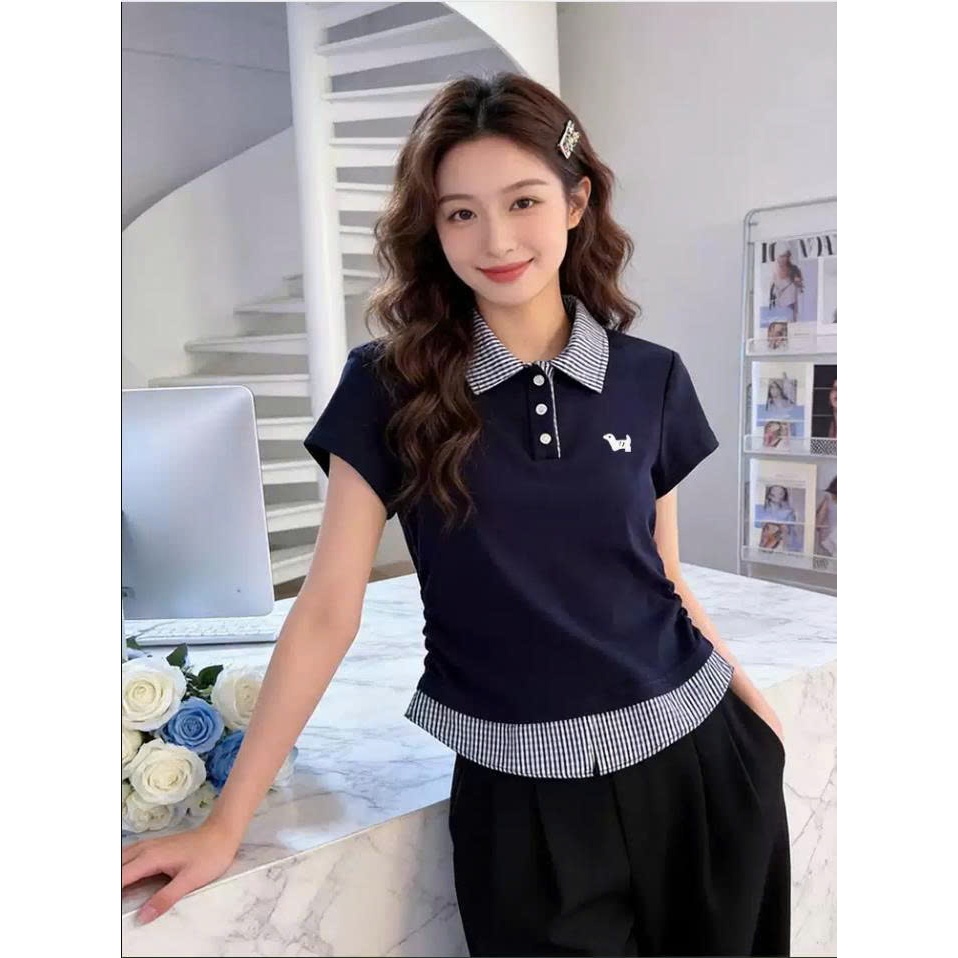 Áo Thun Polo Nữ Tay Ngắn Phối Cổ Caro Trẻ Trung Hot Trend