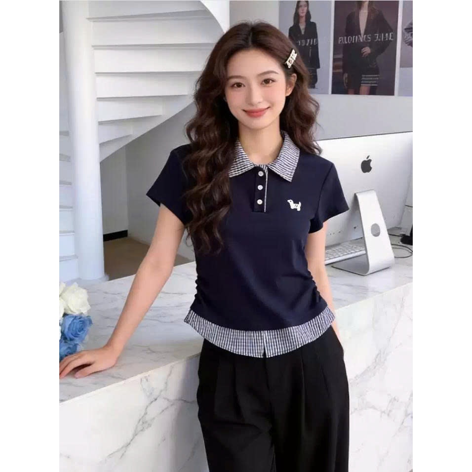 Áo Thun Polo Nữ Tay Ngắn Phối Cổ Caro Trẻ Trung Hot Trend