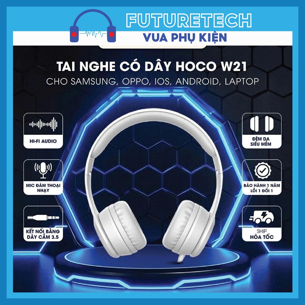 Tai nghe chụp tai có dây Hoco W21, Âm bass tốt, tai nghe học tập, kết nối mượt mà, hàng chính hãng, bảo hành 6 tháng