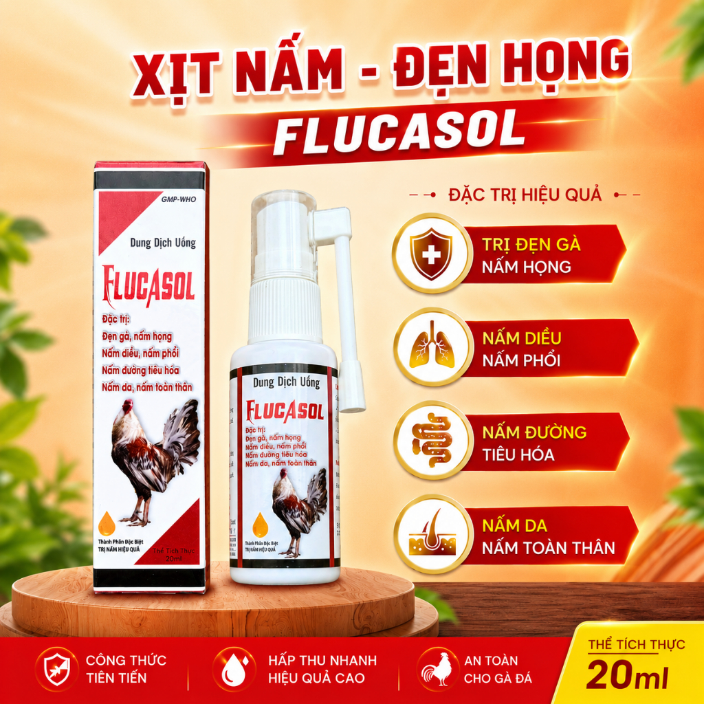 FLUCASOL cho gà hỗ trợ đẹn họng, nấm miệng, bỏ ăn trên gà (dung tích 20ml)