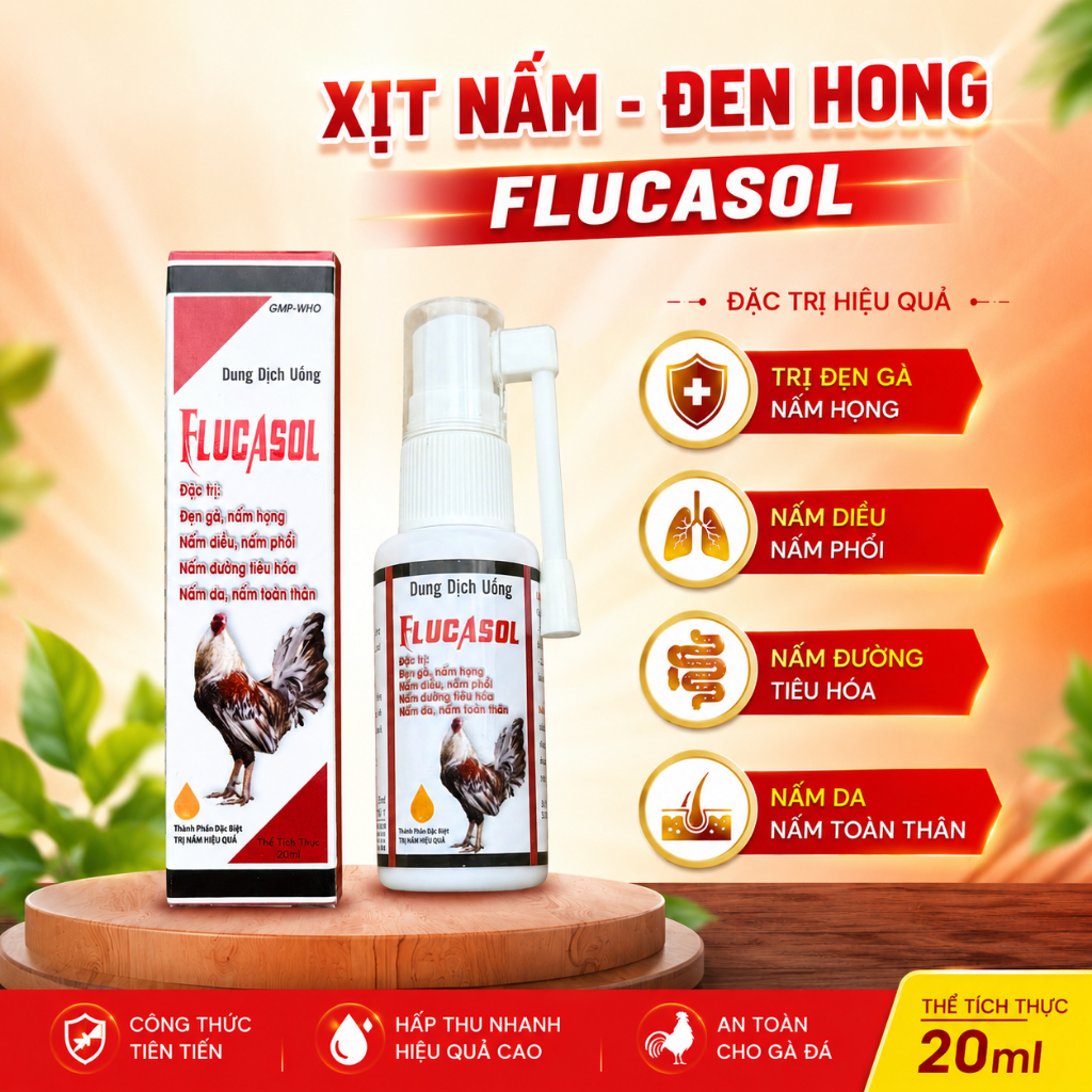 FLUCASOL cho gà hỗ trợ đẹn họng, nấm miệng, bỏ ăn trên gà (dung tích 20ml)