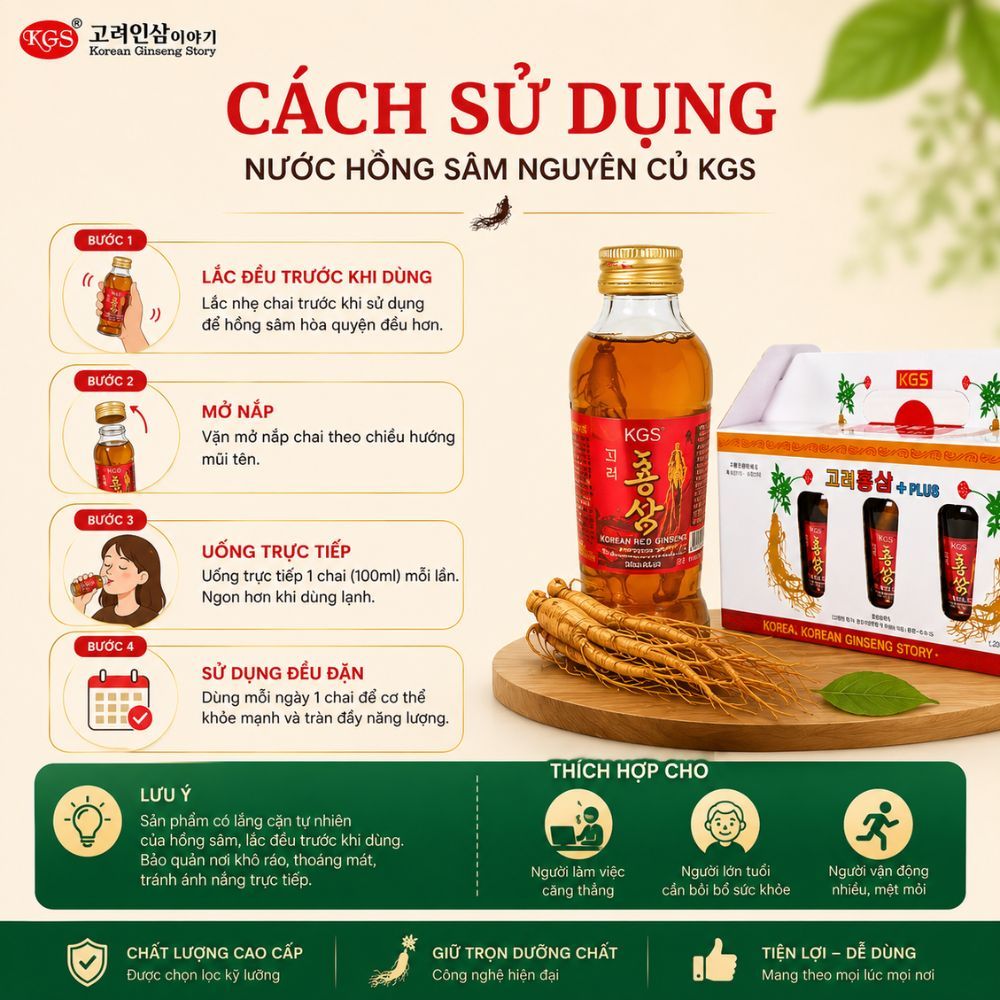 KGS nước hồng sâm Hàn Quốc có củ 120ml - hồng sâm nguyên củ cao cấp chính hãng Combo 10 Chai