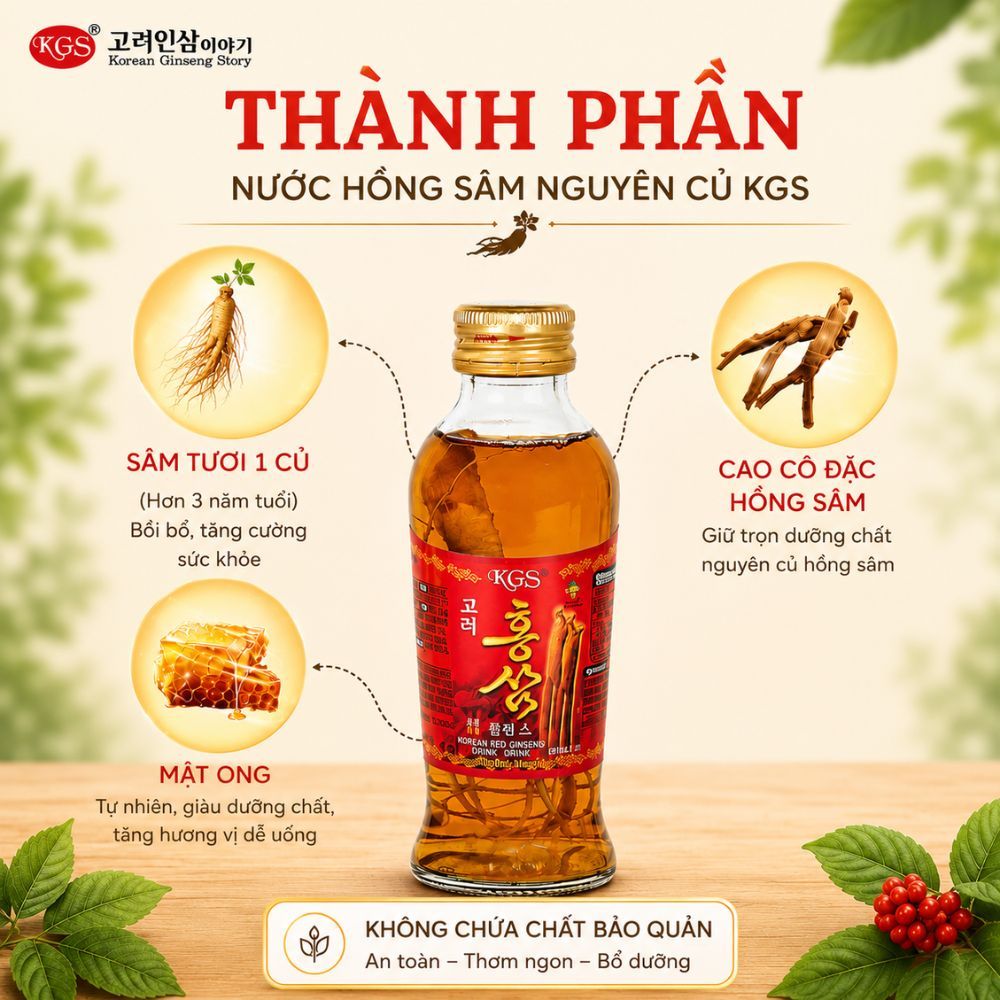 KGS nước hồng sâm Hàn Quốc có củ 120ml - hồng sâm nguyên củ cao cấp chính hãng Combo 10 Chai